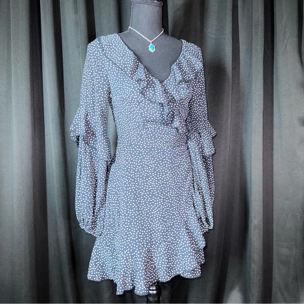 Finders Keepers Sz XS Polka Dot Wrap Mini Dress Puff Sleeve Lined‎ Party Wedding